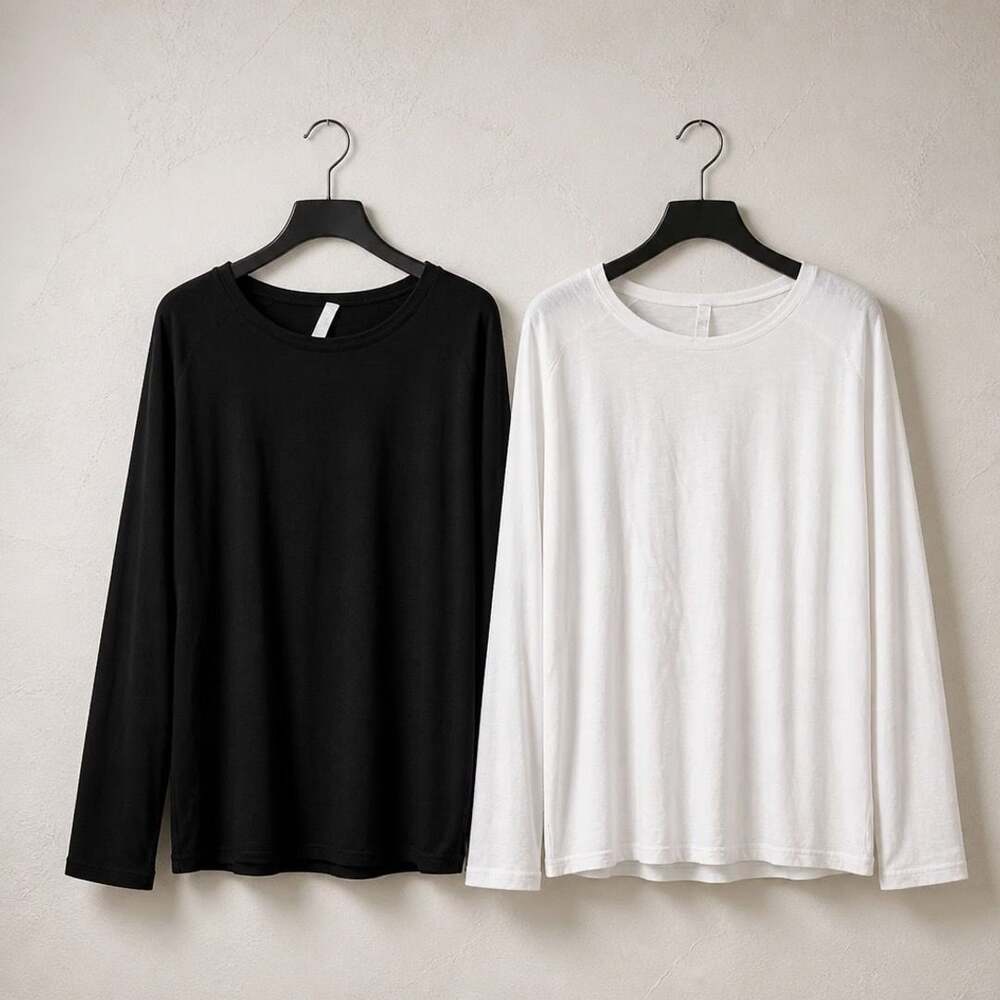 Zella Women's 2X Long-Sleeve Crew Neck Cotton Tunic Top 2-Pack Black and White